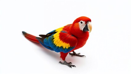 Obraz premium Vibrant scarlet macaw parrot standing on a white background with copy space 
