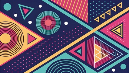 Colorful abstract geometric pattern with concentric circles, triangles, and squares on dark background. Retro pop art style, ideal for posters, backgrounds, and digital design.