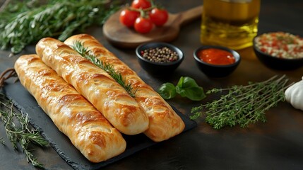 Three baguettes on a black slate platter with sprigs of rosemary, basil, cherry tomatoes on a wooden cutting board, garlic, small bowls of peppercorns and other ingredients