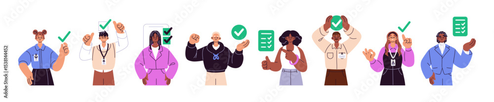 Poster set of people with completed tasks. men and women with done goals in checklist with checkboxes. happ