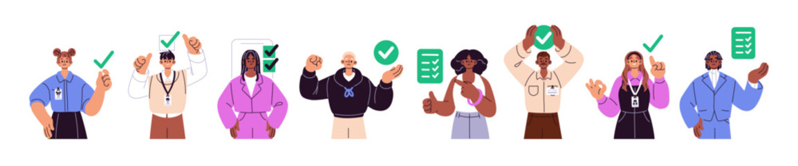 Set of people with completed tasks. Men and women with done goals in checklist with checkboxes. Happy characters are planning successfully work schedule. Flat isolated vector illustration on white