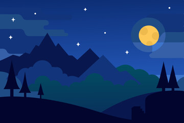 Fototapeta premium Nighttime mountain lake landscape illustration