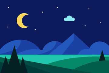 Fototapeta premium Nighttime mountain lake landscape illustration