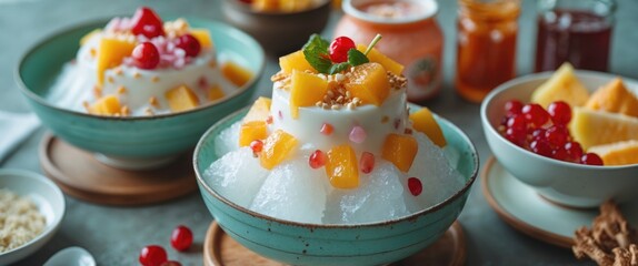 Obraz premium Bingsu is a popular shaved ice dessert with sweet toppings like chopped fruit, condensed milk, fruit syrup, and various ingredients.