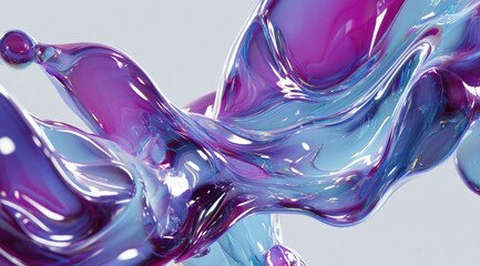 Abstract image of flowing, translucent liquid in shades of purple and blue against a light gray background. 
