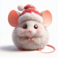 3D realistic adorable fluffy funny mouse expression on a white background, Christmas theme