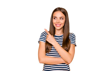 Photo of friendly lady indicating finger empty space on low prices wear striped t-shirt isolated...