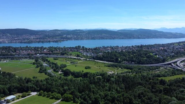 Lake Zurich seeing from the distance. Aerial view at day time