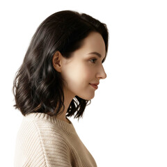 Smiling brunette woman with beautiful hair and fashionable look in studio setting on transparent png background.