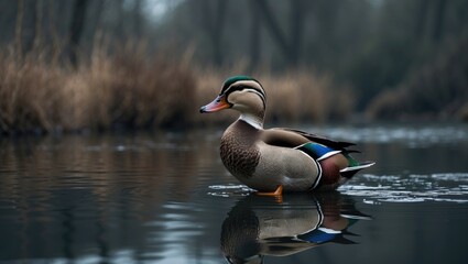 A single female duck stands in the river with a reflection.