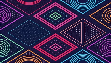 Colorful abstract geometric pattern with concentric circles, triangles, and squares on dark background. Retro pop art style, ideal for posters, backgrounds, and digital design.