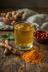 Fototapeta premium Rustic wooden table with clear glass of warm golden Ayurvedic drink, surrounded by turmeric powder, ashwagandha roots, fresh amla berries, and soft natural light creating calm wellness mood.