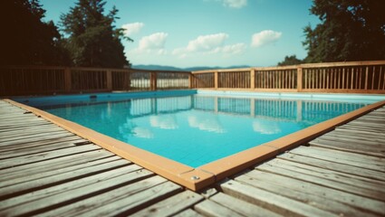 Fototapeta premium Swimming pool and wooden deck for backgrounds with empty copy space for text