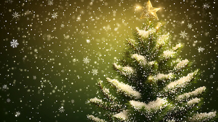 A magical christmas tree with a glowing star and snow-dusted branches, set against a shimmering golden-green background with falling snowflakes