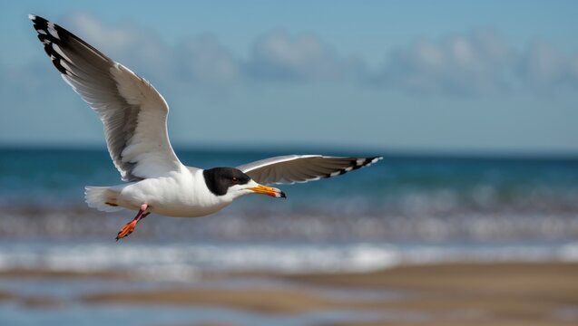 A black-headed gull flying into the picture over the beach with the ocean behind it - Powered by Adobe