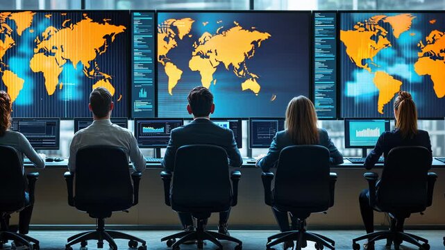Team of professionals monitoring multiple screens displaying global data visualizations