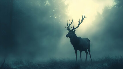 Majestic deer silhouette in a misty forest.