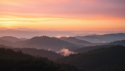 Fototapeta premium Misty sunrise over rolling, forested mountain ridges, majestic, outdoor