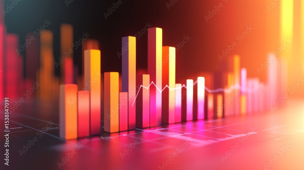 Poster a professional d bar chart in soft gradient tones, with bars rising upwards and data lines overlaid,