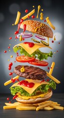 Hamburguesa deconstruida cayendo con todos sus ingredientes. Generado con IA