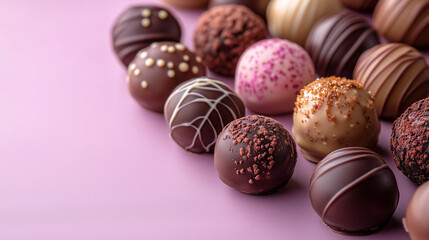 The image shows a delicious collection of round chocolate truffles on a pink background.
