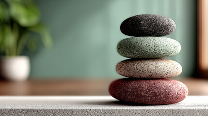 The image shows a stack of four smooth stones of different colors, neatly placed on top of each other.