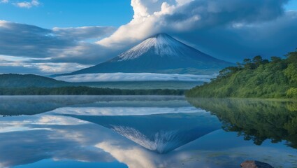Amazing view of beautiful nature with cloudy volcano background. Panorama of volcano reflected on picturesque lake.