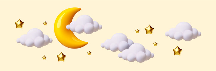3D cartoon cute crescent moon with clouds and stars background. Soft night sky. Render style