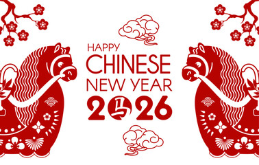 Happy 2026 Chinese New Year, Year of the Horse! Lunar calendar holiday paper cut design with cute horse. Chinese text means "Horse"