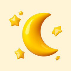 3D cartoon cute crescent moon and stars icon. Render style