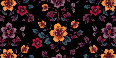 Intricate repeating floral design in rich jewel tones, featuring stylized blossoms and leaves on a dark background,  illustration,  korean