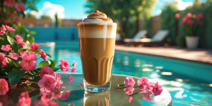 Tall glass of latte coffee on a table outdoors near a swimming pool with pink flowers.