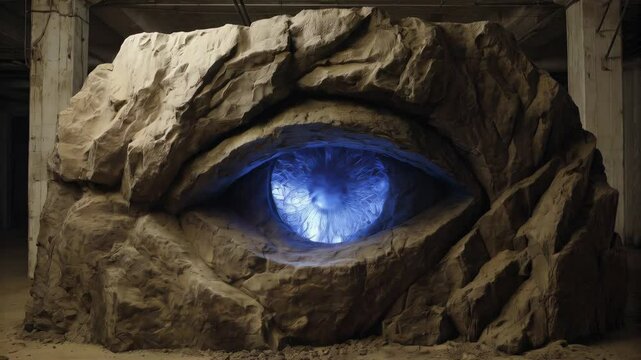 Massive stone sculpture with glowing eye showcased in underground location during nighttime
