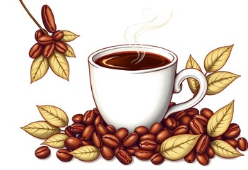 Intricate hand-drawn coffee beans, steam, cup, & leaves,  still life,  rustic