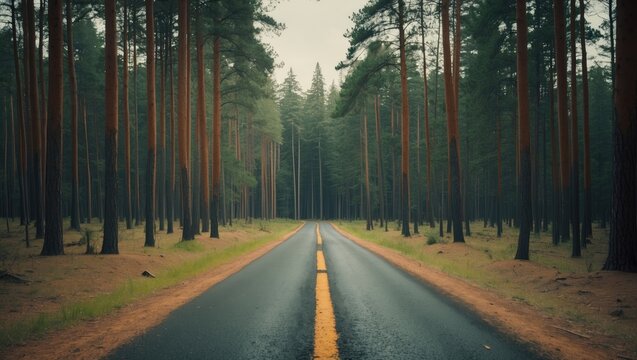 Quiet road in the middle of a pine forest with empty copy space for text - Powered by Adobe