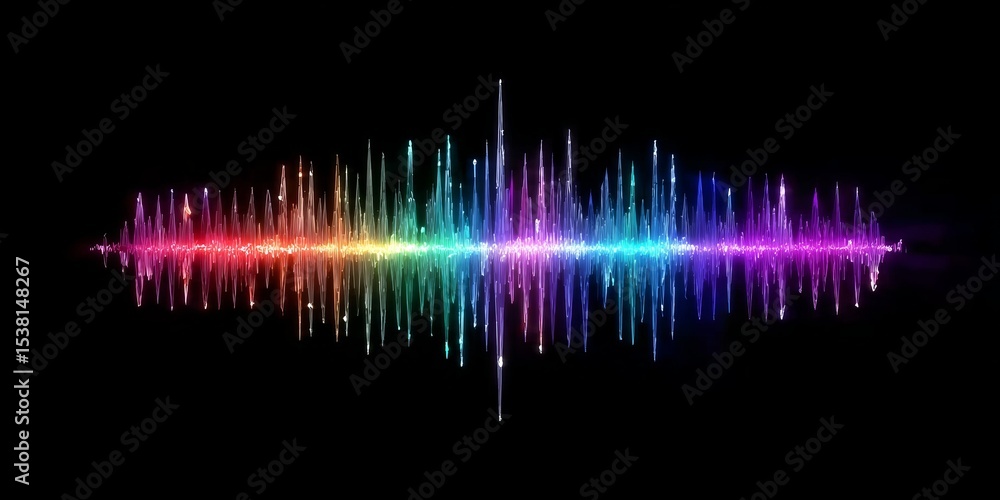 Poster vibrant abstract wave design with glowing light pulses and colorful frequency visualizations in neon