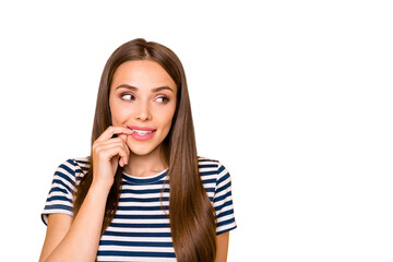 Fototapeta premium Photo of funny lady think over secret plan wear striped t-shirt isolated yellow background