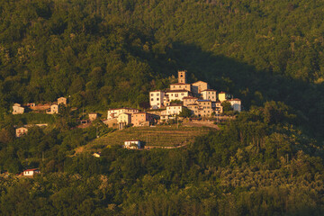 Typical small village in Tuscany, Italy, surrounded by green forest and hills at golden hour