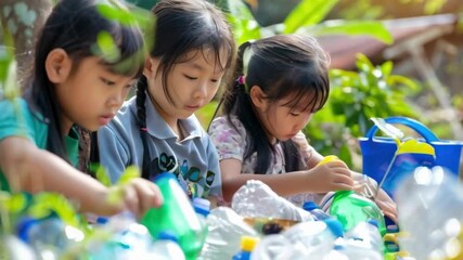 A slow motion video captures children sorting and recycling plastic waste, promoting environmental awareness and teamwork for a greener, sustainable future. - Powered by Adobe
