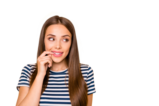 Photo of funny lady think over secret plan wear striped t-shirt isolated yellow background
