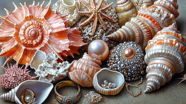 Seashell collection with pearls and jewelry