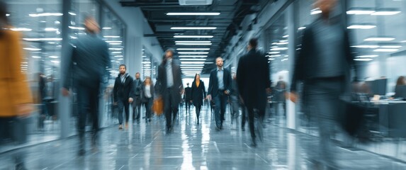 Group of office people walking at office open space. Team of business employees at coworking center. People at motion blur. Concept working at action. High quality