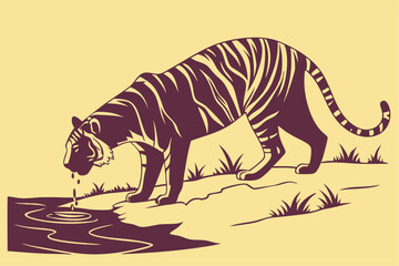 Tiger Drinking Water Silhouette Illustration Vector Graphic Design