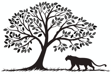 Tree with tiger animal vector silhouette