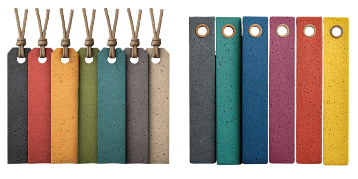 Eco-friendly school supplies concept. Colorful tags arranged in two rows with strings on top for mindful back-to-school use