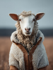 Obraz premium A sheep wearing a woolly tracksuit in a pasture