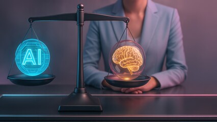 Businesswoman sitting on digital justice scale with brain and ai icons, symbol of legal fairness in tech, concept of ai ethics, governance