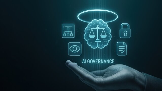 Businessman hand holding glowing icons of ai governance with holographic lights, symbol of tech responsibility, concept of ai ethics, governance, legal future