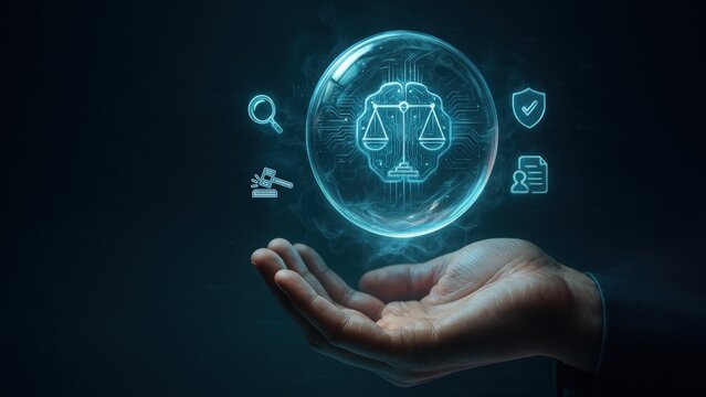 Businessman hand holding glowing sphere with ai ethics icons, symbolizing digital responsibility and law, concept of ai ethics, governance, legal tech