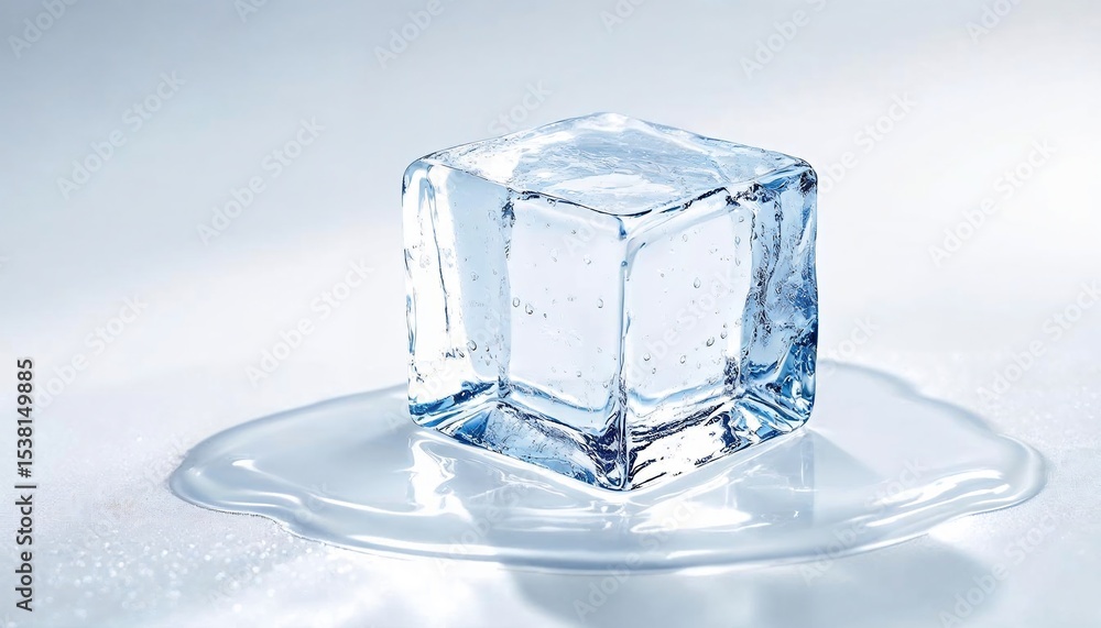 Poster melting ice cube: a close-up of a crystal clear ice cube slowly melting, reflecting light and creati